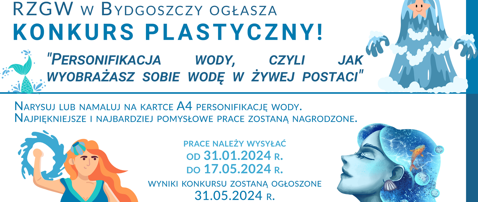 Plakat promujący konkurs plastyczny pn. „Personifikacja wody, czyli jak wyobrażasz sobie wodę w żywej postaci” w ramach programu Aktywni Błękitni. Na białym tle szczegóły dotyczące konkursu. Dookoła napisów 3 postaci przedstawiające wodę jako żywą istotę. U góry loga Wód Polskich i programu Aktywni Błękitni.