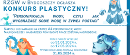 Plakat promujący konkurs plastyczny pn. „Personifikacja wody, czyli jak wyobrażasz sobie wodę w żywej postaci” w ramach programu Aktywni Błękitni. Na białym tle szczegóły dotyczące konkursu. Dookoła napisów 3 postaci przedstawiające wodę jako żywą istotę. U góry loga Wód Polskich i programu Aktywni Błękitni.