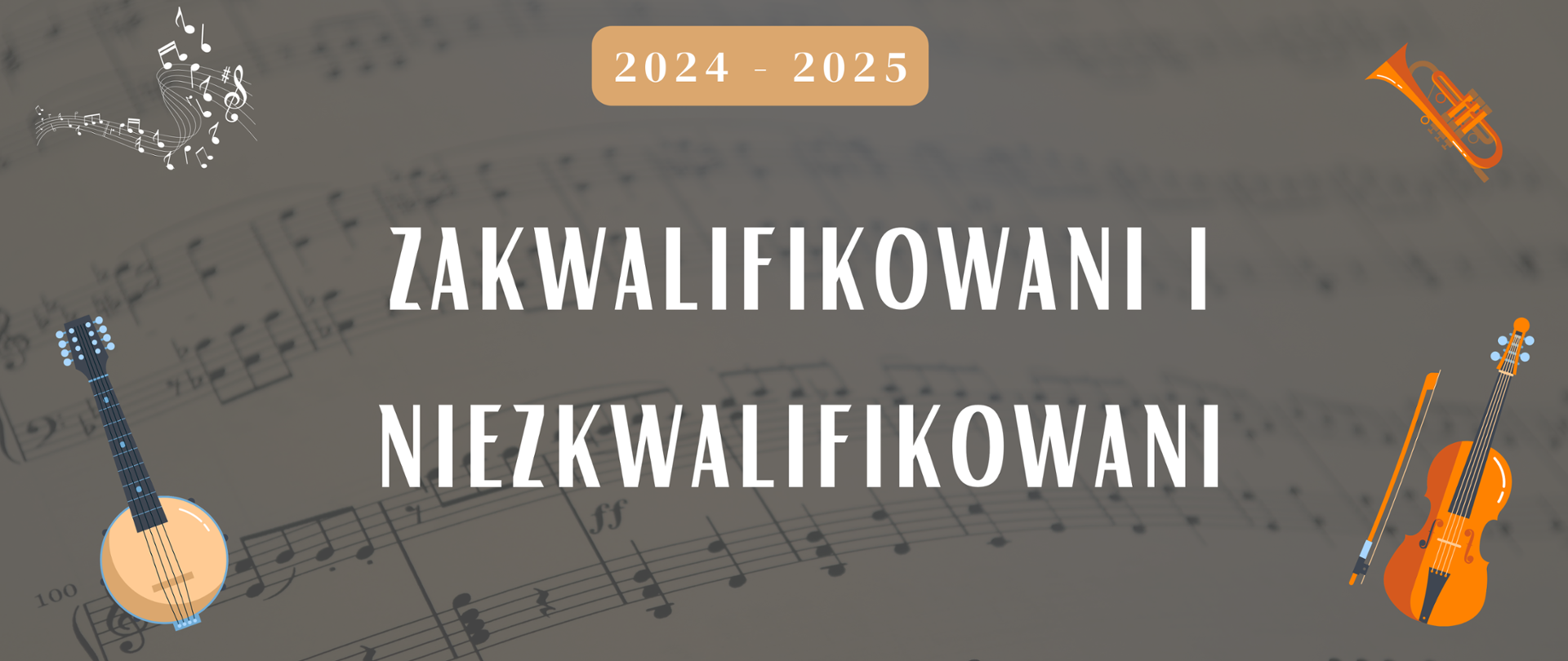 Plakat. W tle strona nut na fortepian. W rogach rysunki instrumentów muzycznych. Napis 2024-2025 zakwalifikowani i niezakwalifikowani