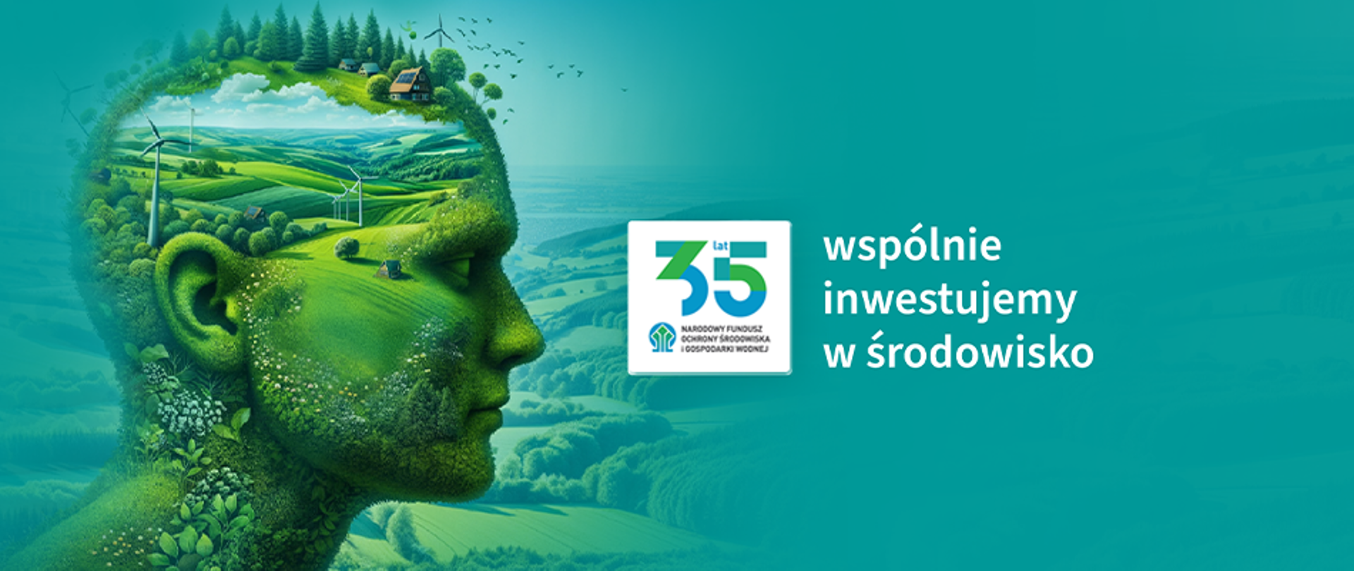 Wizualizacja - człowiek patrzący w zieloną przyszłość. Po prawej stronie logotyp: 35 lat Narodowy Fundusz Ochrony Środowiska i Gospodarki Wodnej, poniżej napis: "Wspólnie inwestujemy w środowisko".