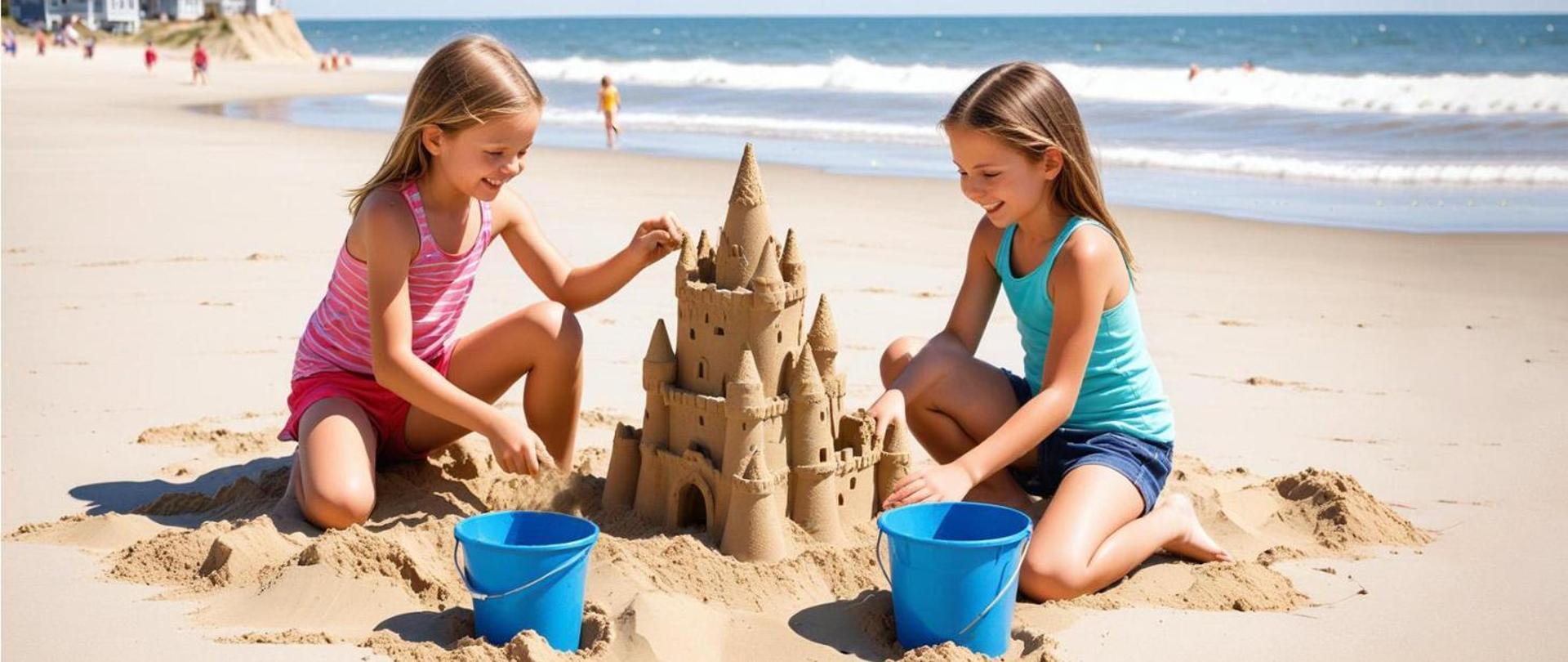 Dwie uśmiechnięte dziewczynki budują zamek z piasku na plaży nad morzem