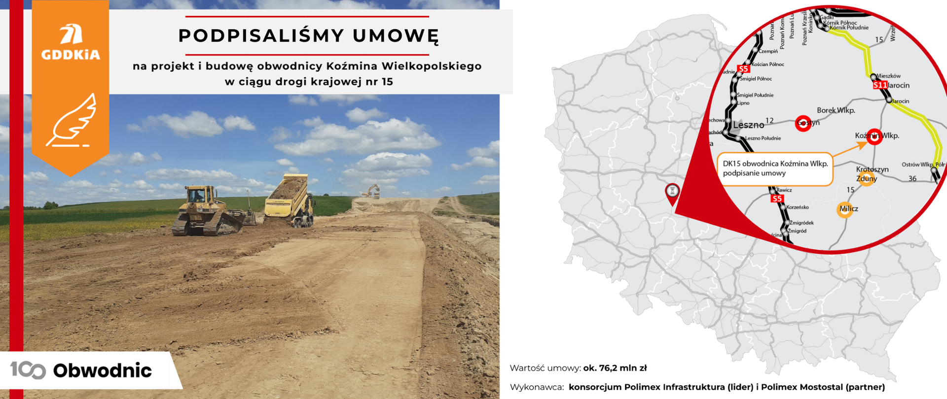 Infografika dotycząca podpisania umowy. Na zdjęciu po lewej stronie maszyny drogowe prowadzące prace na budowie drogi, po prawej mapa z zaznaczoną lokalizacją inwestycji.