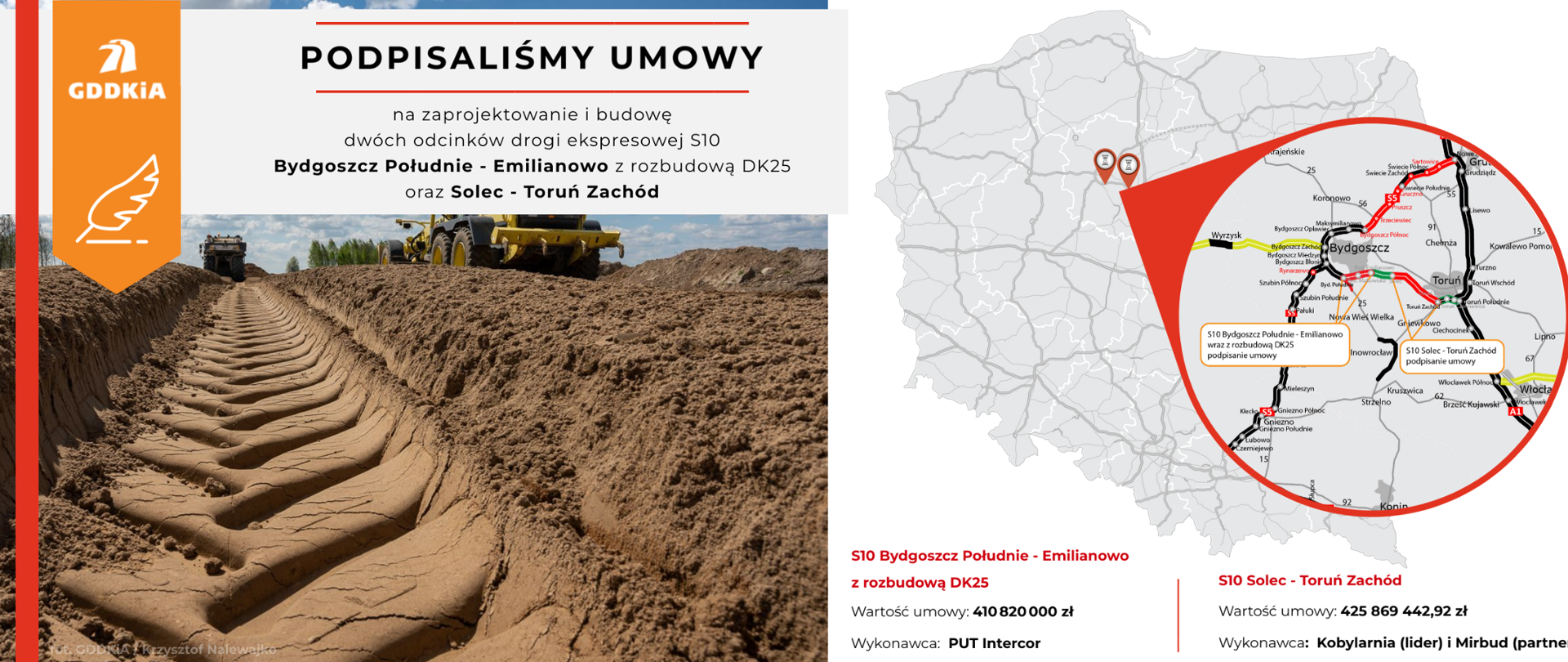 Infografika na temat podpisania umów. Po lewej stronie zdjęcie z prowadzonych prac, a po prawej mapa z zaznaczonymi lokalizacjami inwestycji.