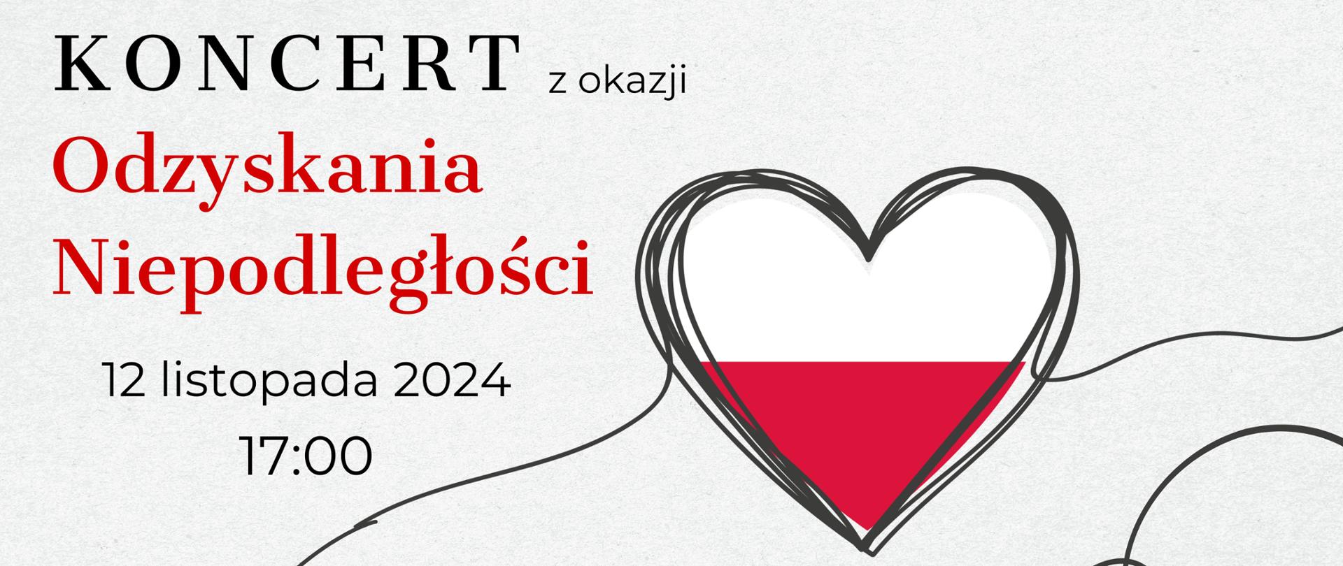 Szare tło, na którym widnieją informacje o koncercie z okazji Odzyskania Niepodległości wyróżnione na czerwono. W centralnej części strony linie o różnych kształtach, wychodzące z dołu strony tworzą kształt serca w barwach biało-czerwonych. Pod informacjami o koncercie dane dotyczące daty: "12 listopada 2024, godzina 17:00". U dołu strony, pomiędzy ozdobnymi liniami napisane czerwoną czcionką miejsce: "Aula PSM im. Aleksandry Umiastowskiej". W prawym dolnym rogu logo Państwowej Szkoły Muzycznej I i II stopnia im. Oskara Kolberga w Szczecinku.