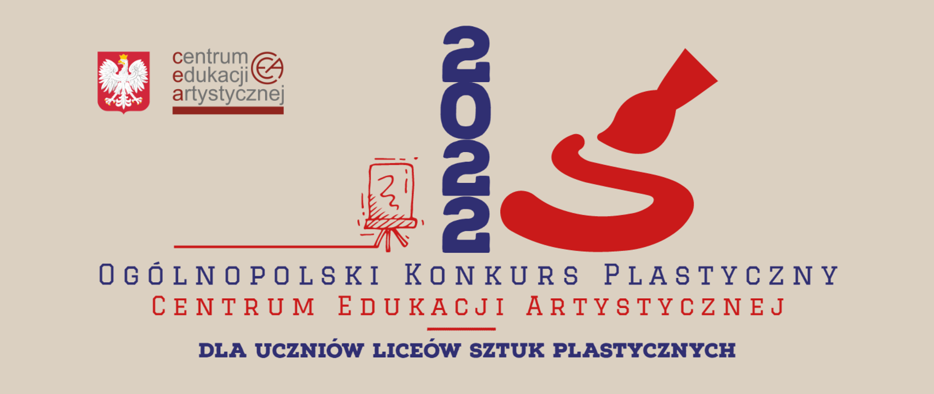 Beżowa grafika z logo CEA i tekstem "Ogólnopolski Konkurs Plastyczny Centrum Edukacji Artystycznej dla uczniów liceów sztuk plastycznych"