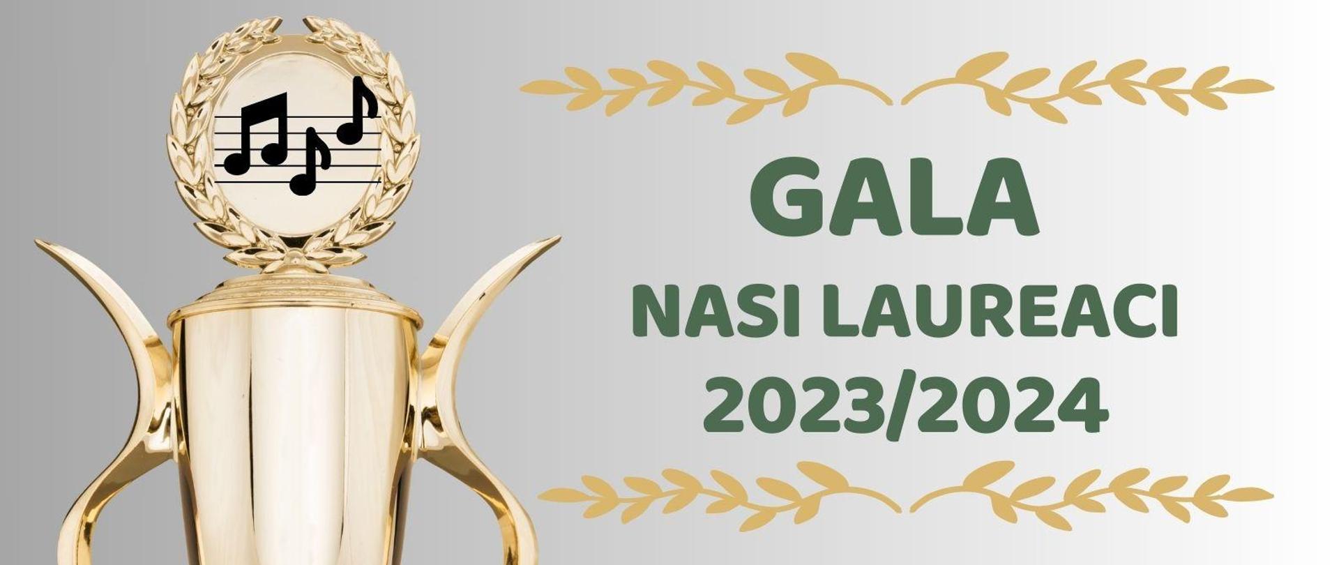 Grafika na szarym tle informacja o terminie Gali Nasi laureaci 2023/2024 