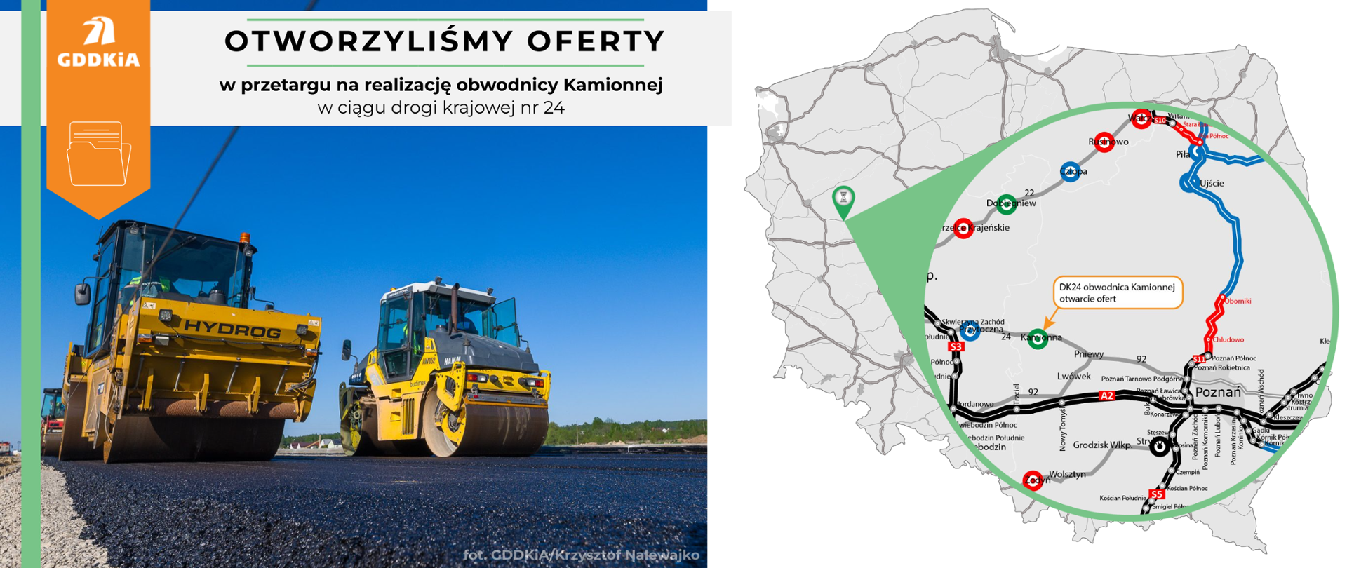 Infografika przedstawiająca zaznaczoną na mapie obwodnicę Kamionnej w ciągu DK24 dla której nastąpiło otwarcie ofert w postępowaniu przetargowym.