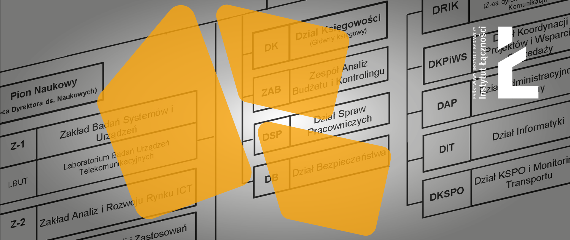 Grafika z obrazem schematu organizacyjnego w tle, pomarańczowym motywem graficznym i logo Instytutu Łączności