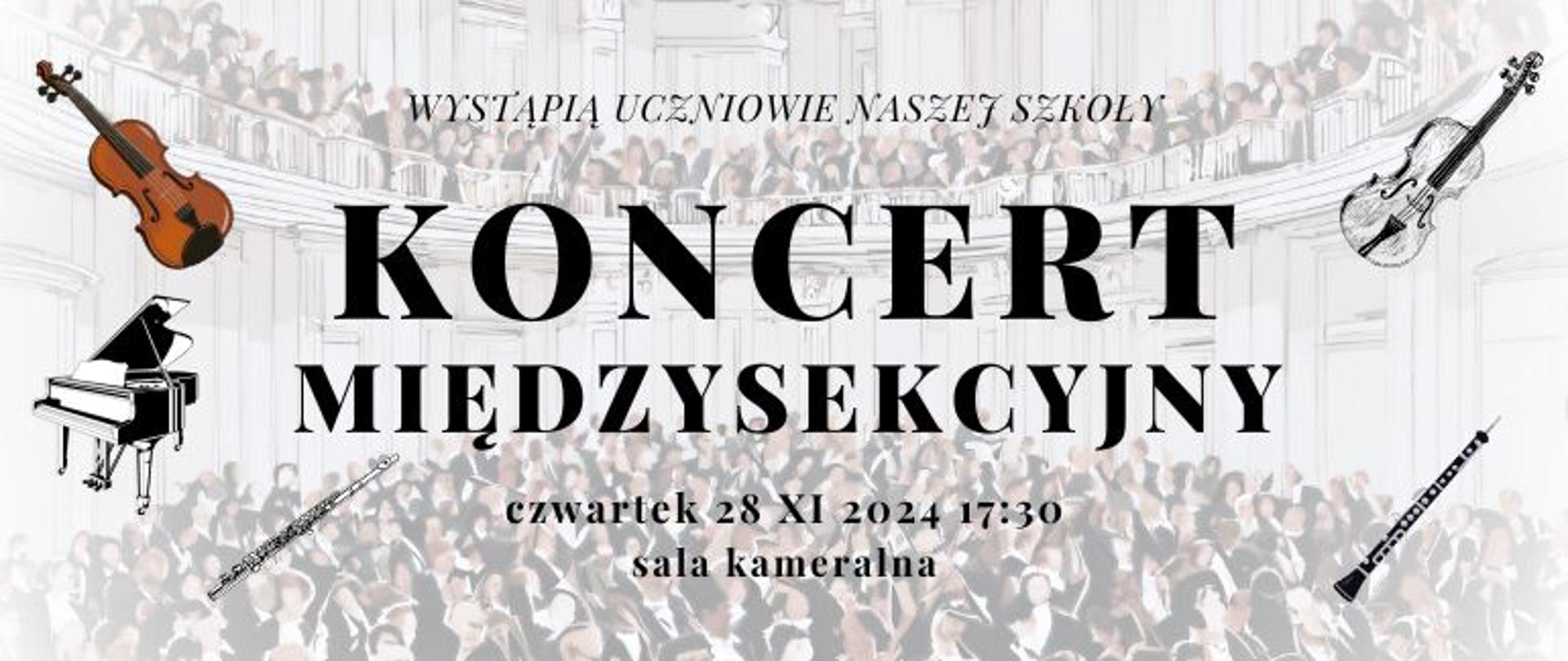 Baner w kolorystyce jasnej zapraszający na koncert międzysekcyjny 28 listopada 2024 roku. W tle różne instrumenty.