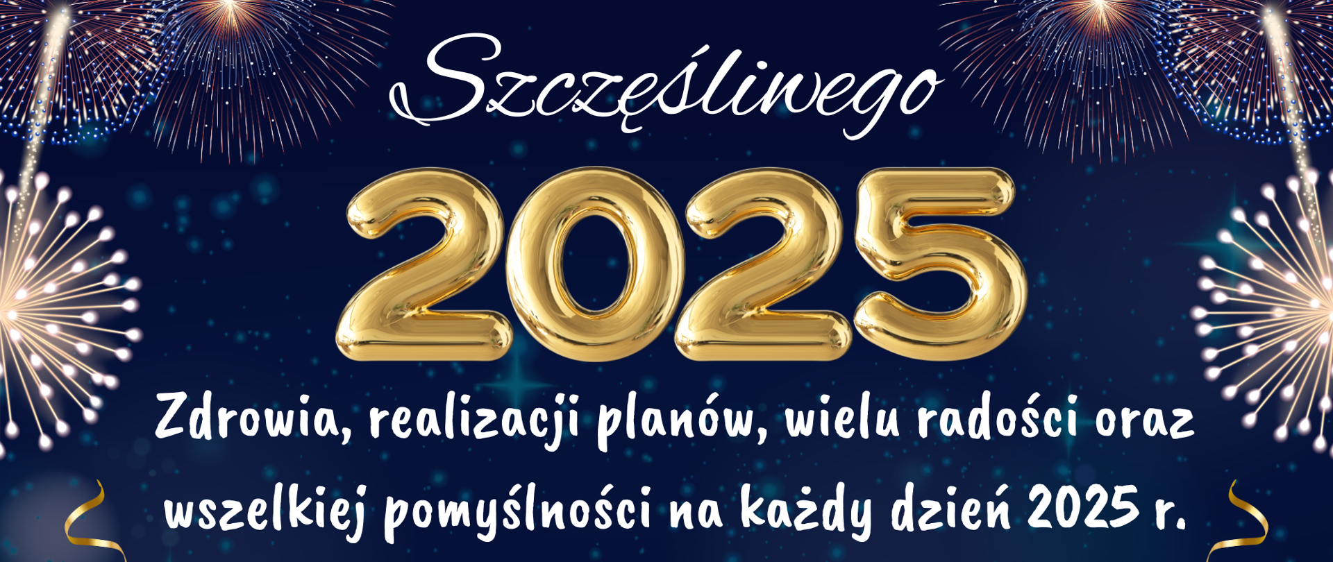 Zawartość, jak w treści. Tekst na granatowym tle. Po bokach grafika sztucznych ogni, w dolnych narożnikach prezenty.