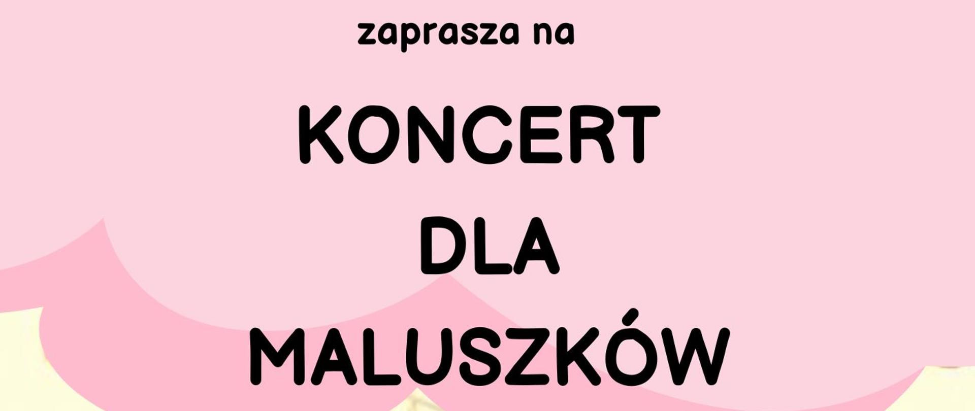 Plakat informuje o koncercie dla maluszków w dniu 1 października 2024 Aula PSM . Tło beżowe z zarysem instrumentów muzycznych. Na środku Rysunkowe postacie dzieci grające na instrumentach, na dole niebieskie obłoki , na górze obłoki w kolorze różiwym. Na tym tle czarne napisy.