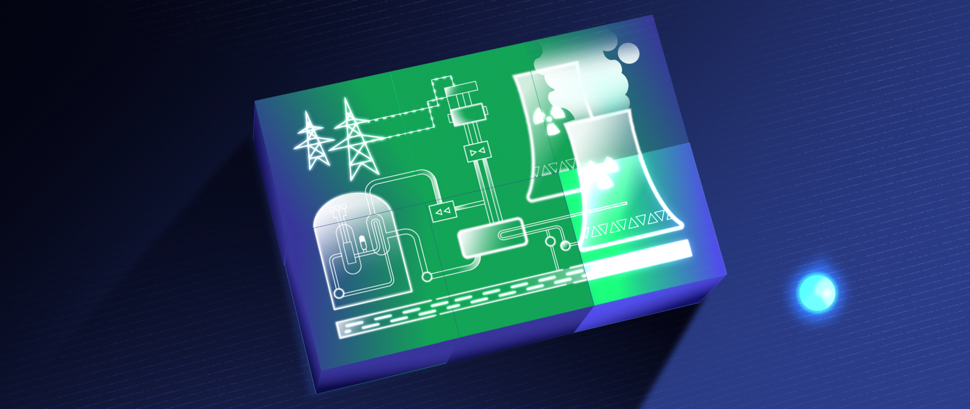 Graphics showing a nuclear power plant. The white elements of the power plant were placed on a green, spatial cuboid. The whole is on a shaded navy blue-violet background.