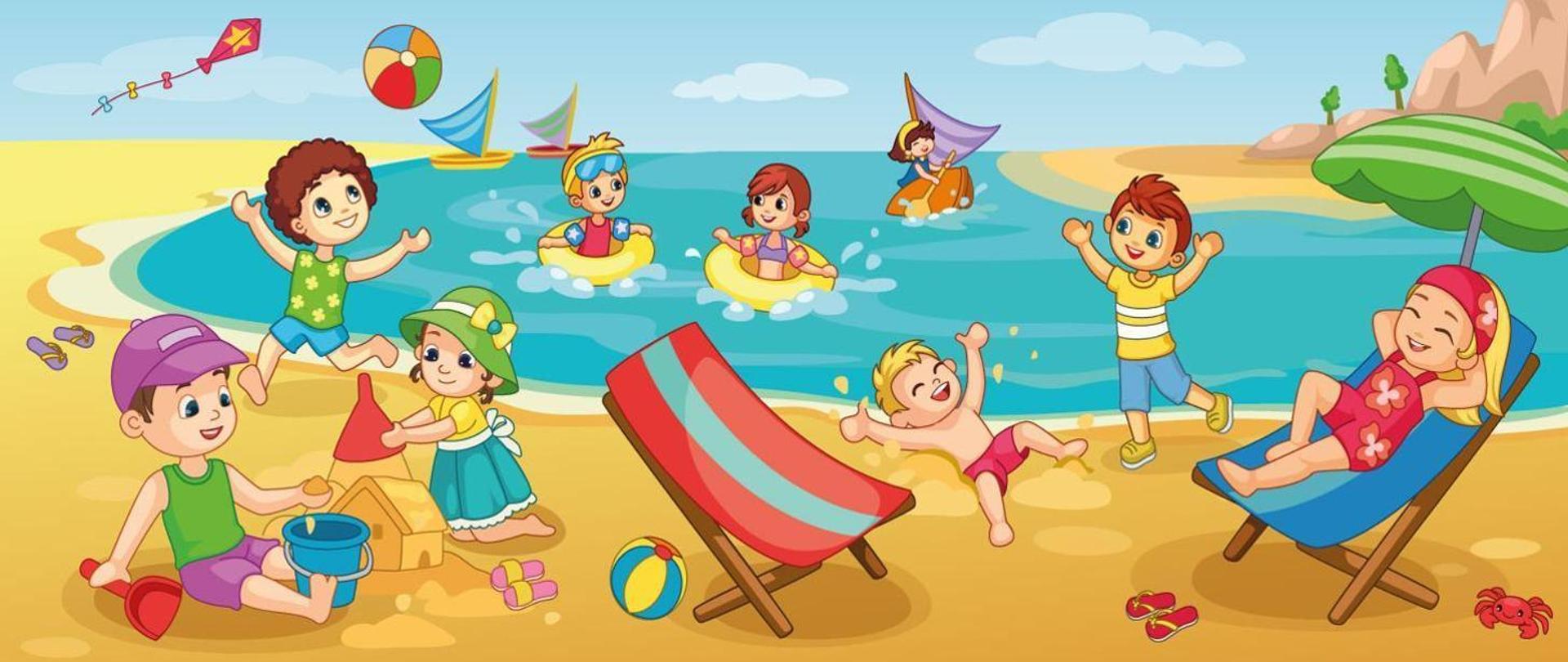 Grafika przedstawiająca bawiące się w wodzie oraz wypoczywające na plaży dzieci.