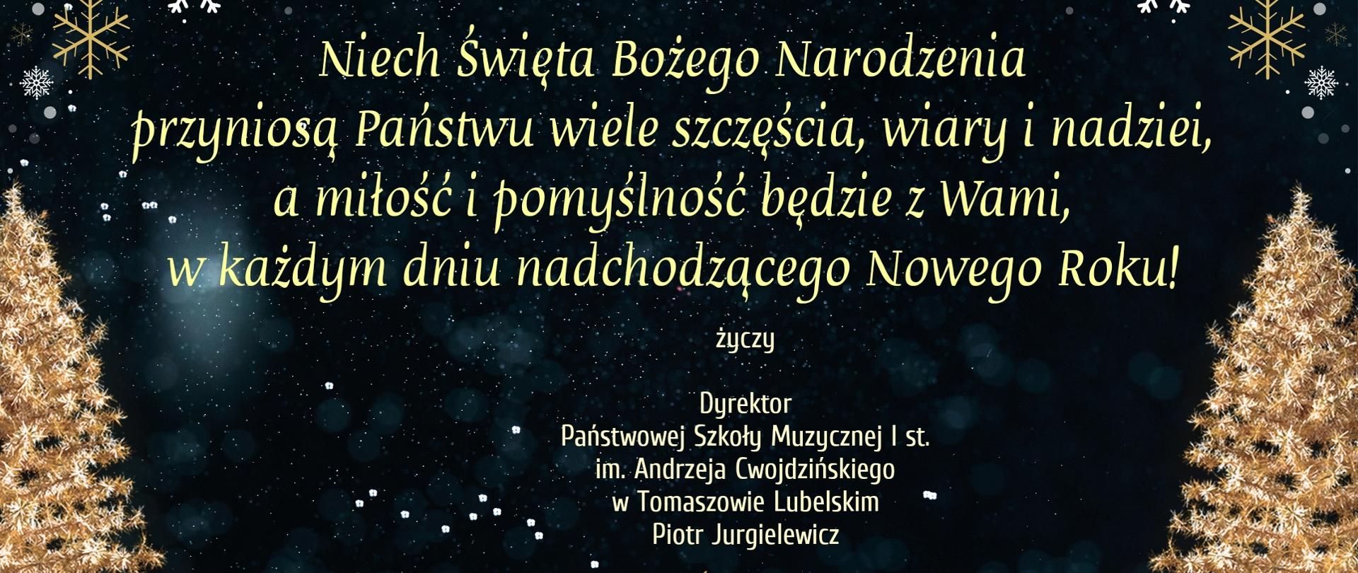 plakat świąteczny na tle nocy, ciemno-granatowego nieba, gwiazdek święcących, świetlików, od góry po bokach wiszące gwiazdy choinkowe, poniżej po bokach złote choinki stojące na białym śniegu, przy nich oparte srebrne bombki choinkowe, opadające drobne płatki śniegu, malutka choinka naszkicowana na środku oraz w głównej środkowej części życzenia na Boże Narodzenie