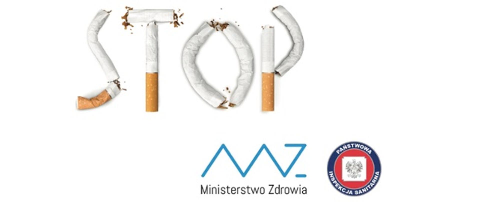 Obraz przedstawia napis STOP z ułożonych papierosów oraz logotyp Ministerstwa Zdrowia i Państwowej Inspekcji Sanitarnej