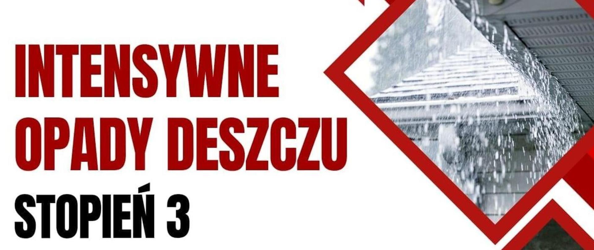 baner z napisem intensywne opady deszczu 3 stopień