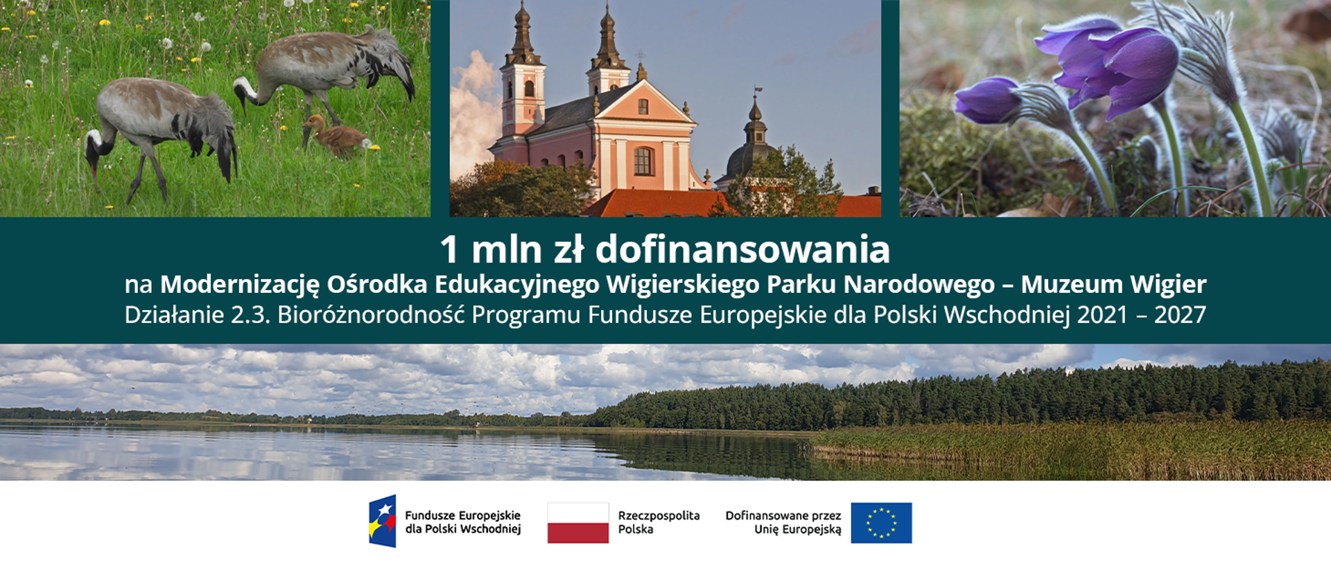 1 mln zł dofinansowania dla Wigierskiego Parku Narodowego - grafika iliustarcyjna z 4 zdjęciami z parku