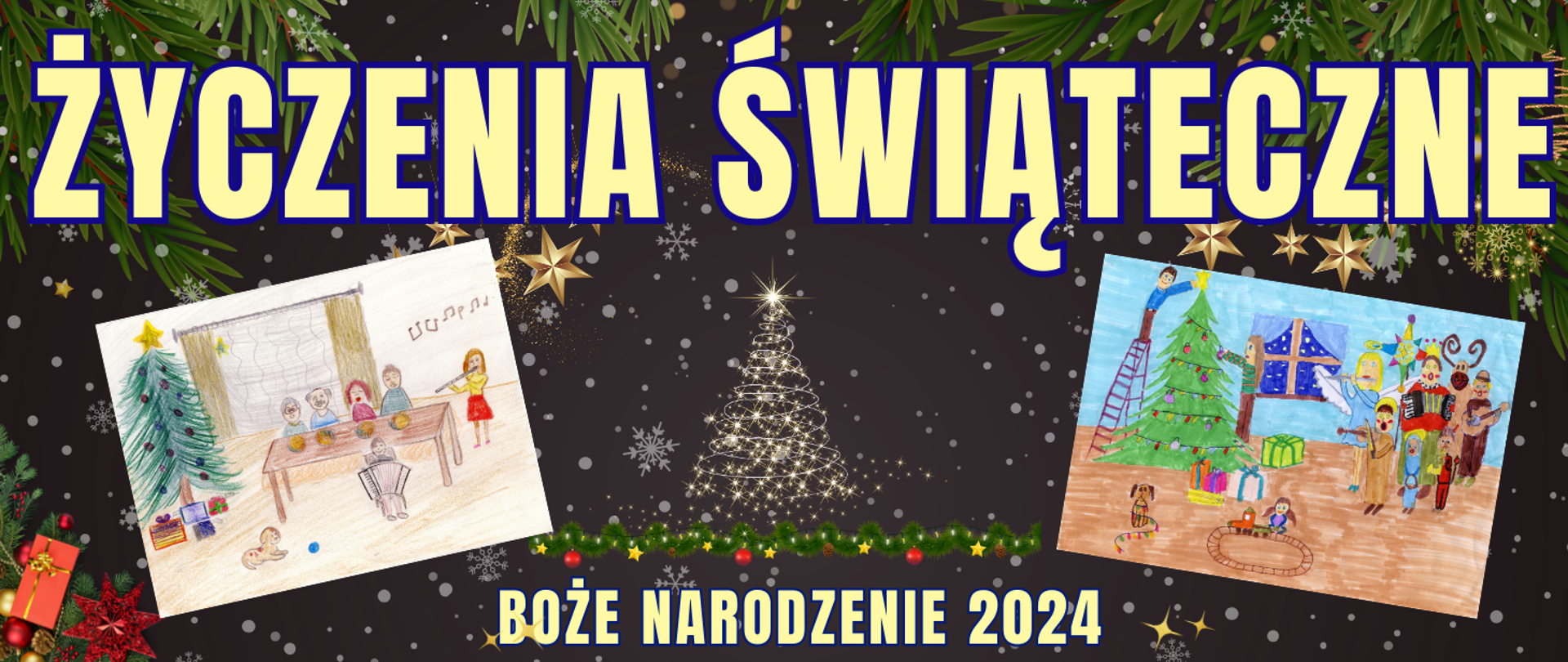 baner w ciemnym kolorze z elementami świątecznymi oraz informacja o życzeniach