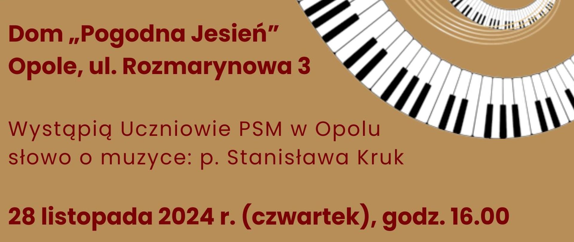 z lewej strony połowa czerwonej płyty gramofonowej oraz odchodząca od niej zawinięta klawiatura fortepianowa z pięciolinią i zapisem nutowym, w lewym górnym rogu czarne logo szkoły, całość na beżowym tle