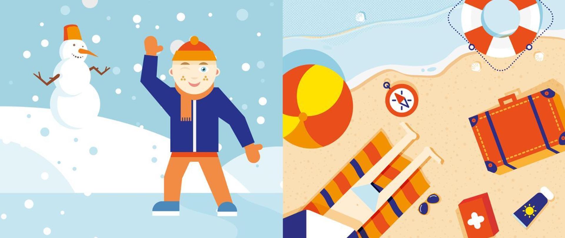 po lewej stronie obrazek symbolizujący ferie (bałwan, śnieg i chłopiec w czapce) po prawej wakacie (plaża, piłka, koło ratunkowe, walizka)