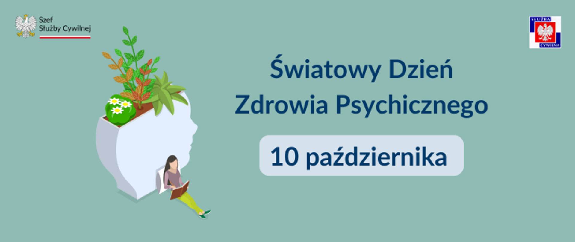 zielone tło. 2 logotypy ssc. na środku grafika: postać z książką przy donicy z kwiatami