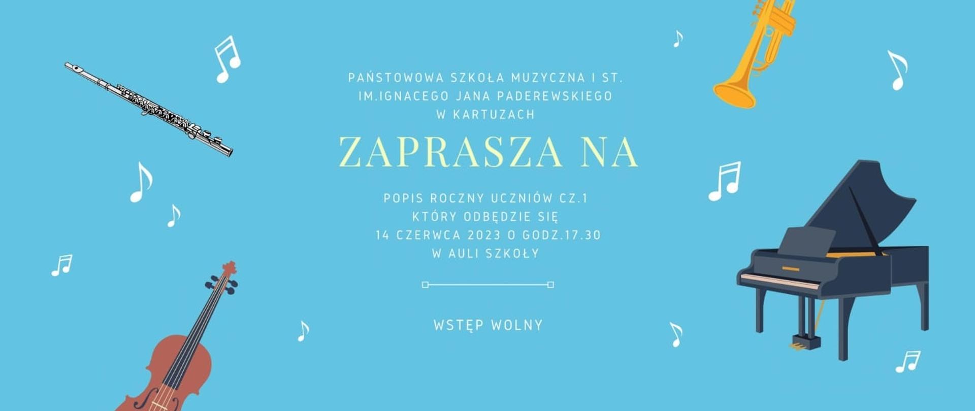 plakat z informacją o popisie rocznym uczniów, w tle instrumenty muzyczne i nuty