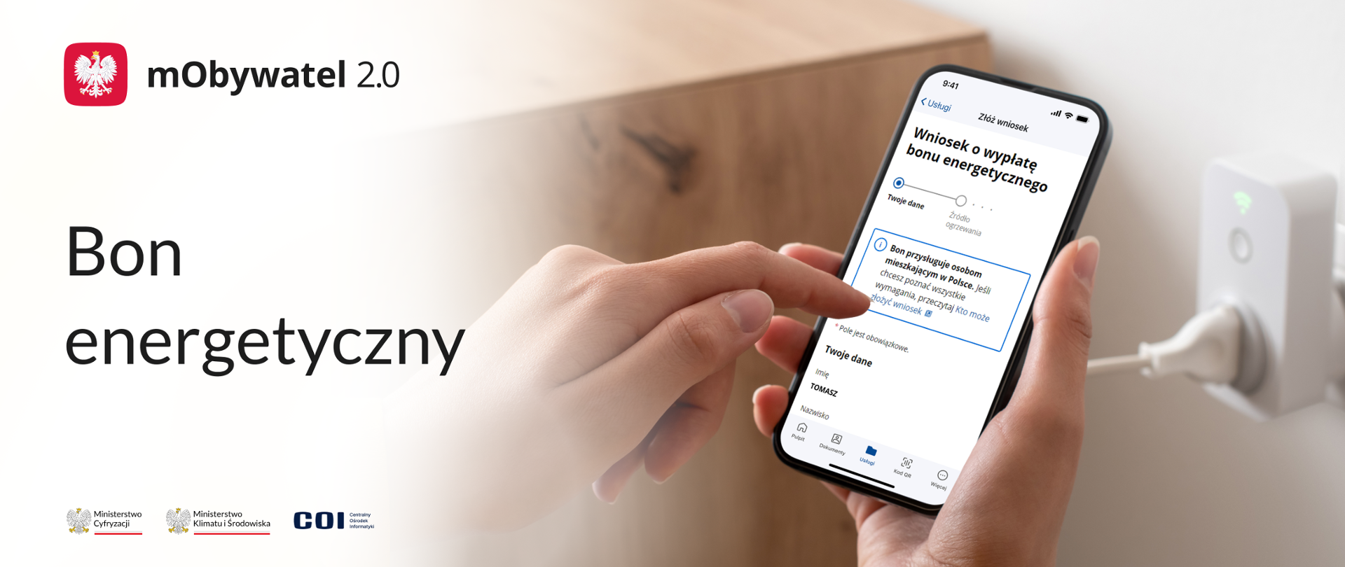 Grafika z napisem bon energetyczny po lewej stronie, a po prawej telefon z wnioskiem o wypłatę bonu