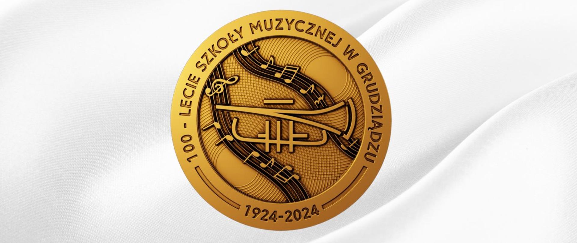 Logo w kolorze żółto-brązowym - grafika - trąbka , pięciolinie z nutami, dookoła napis - 100-lecie SZKOŁY MUZYCZNEJ w Grudziądzu 1924-2024