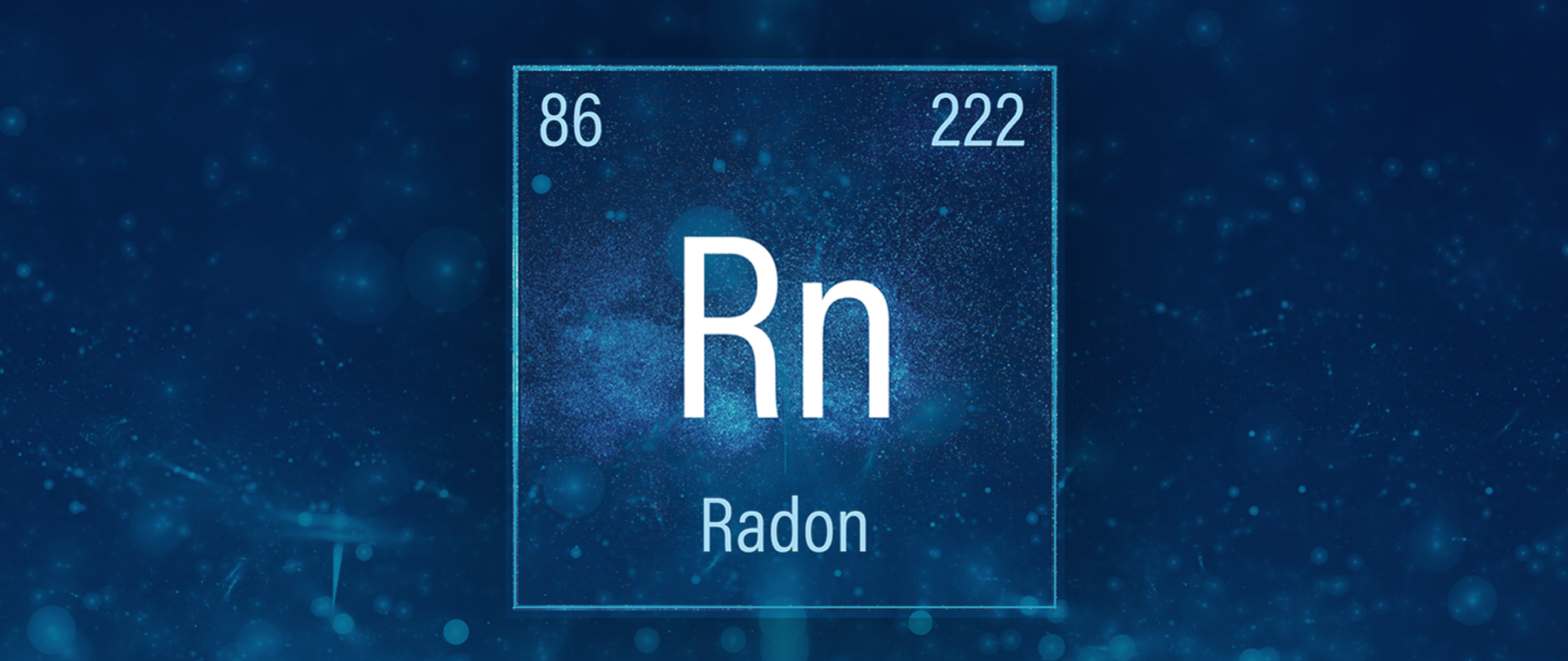 Litery Rn, symbol radonu, w kwadracie. Z lewej strony na górze liczba 86, z prawej 222