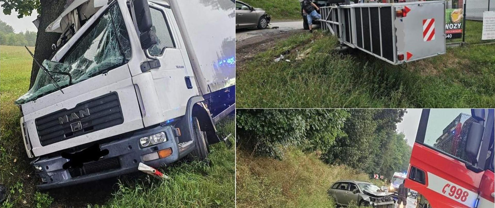 Na plakacie zdjęcia z trzech zdarzeń drogowych na terenie gminy Miechów