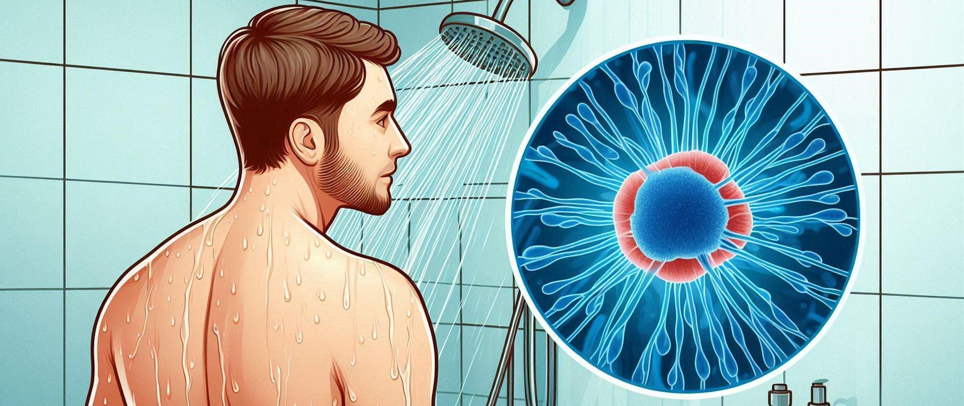 Na rysunku znajduje się mężczyzna pod prysznicem a obok niego bakteria z rodzaju Legionella 
