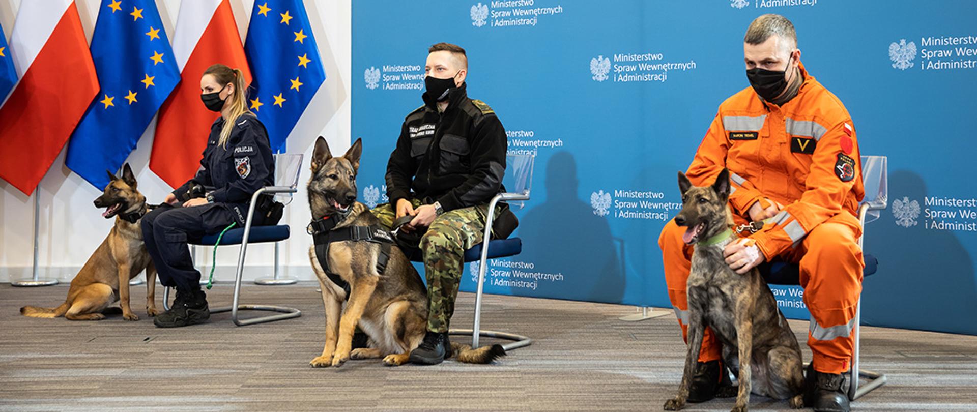 Na krzesłach siedzą funkcjonariusze. Od lewej: policjantka, strażnik graniczny, strażak. Przy każdym siedzi pies służbowy. W tle ścianka z napisami Ministerstwo Spraw Wewnętrznych i Administracji. W lewym rogu w tle flagi Polski i UE