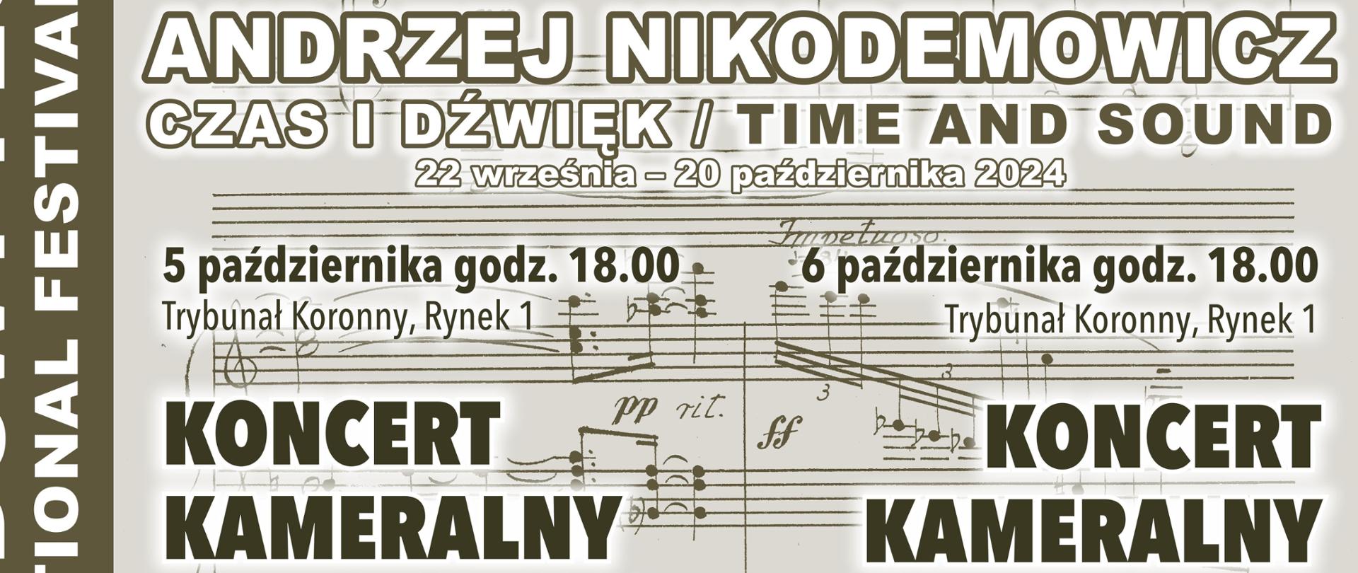 Obrazek przedstawia plakat zapowiadający cykl koncertów kameralnych zatytułowanych "Andrzej Nikodemowicz - Czas i dźwięk". Pierwszy z nich odbędzie się 5 października 2024 r. o godz. 18:00, wystąpią w nim Oriana Masterniak - skrzypce oraz Justyna Danczowska - fortepian. Drugi z koncertów odbędzie się 6 października o godz. 18:00 i wystąpią na nim Dominika Przech - skrzypce, Dorota Stanisławska - altówka, Małgorzata Sęk - wiolonczela i Mikołaj Pacholczyk - fortepian. Na tych koncertach słowo o muzyce przedstawi Teresa Księska-Falger W lewej krawędzi plakatu znajduje się napis wykonany dużymi białymi drukowanymi literami na zielonym tle "XIII Międzynarodowy Festiwal", w górnej jego części jest zielono-czerwone logo Towarzystwa Muzycznego im. H. Wieniawskiego w Lublinie, czarno-białe logo Ogólnokształcącej Szkoły Muzycznej I i II stopnia im. Karola Lipińskiego w Lublinie oraz logo patronatu honorowego Prezydenta Miasta Lublin Krzysztofa Żuka. W centralnej części plakatu na jasnozielonym tle widnieje ciemnozielona grafika przedstawiająca rękopis utworu Impresja op. 46 - Andrzeja Nikodemowicza. Na dole plakatu znajduje się informacja o wstępie wolnym na koncert oraz logo partnera Hampton by Hilton, patronów medialnych: Polskie Radio Lublin, TVP3 Lublin, Kultura Enter i informacja: "projekt zrealizowany dzięki wsparciu miasta Lublin" obok logo na białym tle czarny napis "Lublin miasto inspiracji" z zielono-czerwona grafiką.
