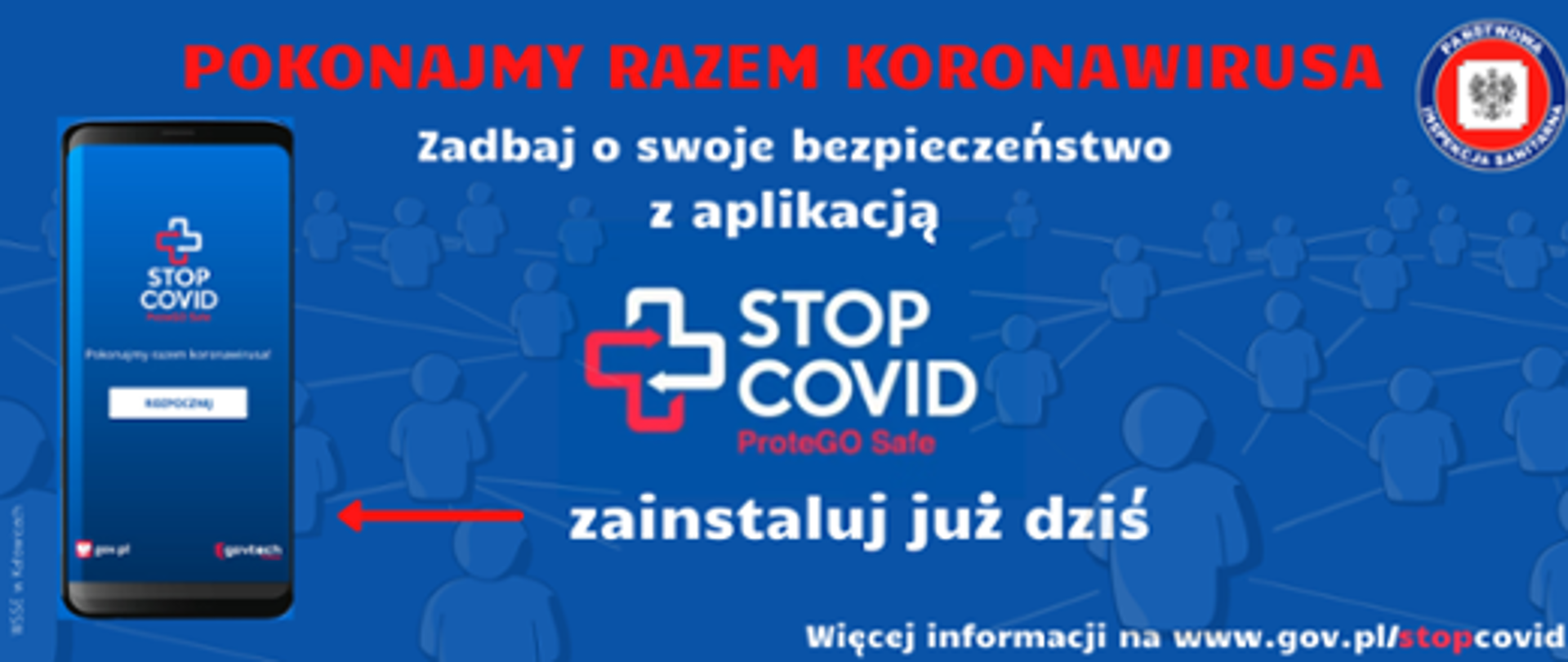 Baner koloru niebieskiego na którym czerwoną czcionką napisane jest POKONAJMY RAZEM KORONAWIRUSA, pod spodem mniejszą czcionką koloru białego Zadbaj o swoje bezpieczeństwo z aplikacją STOP COVID zainstaluj już dziś. Więcej informacji na stronie www.gov.pl/stopcovid
