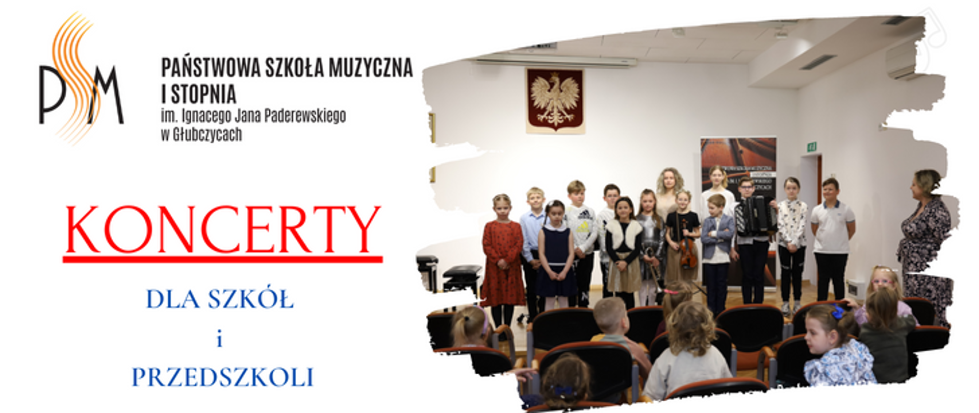 Baner z napisem "Koncerty dla szkół i przedszkoli"