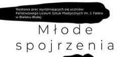 Czarno-biały plakat informujący o wystawie Młode spojrzenia, pośrodku oko