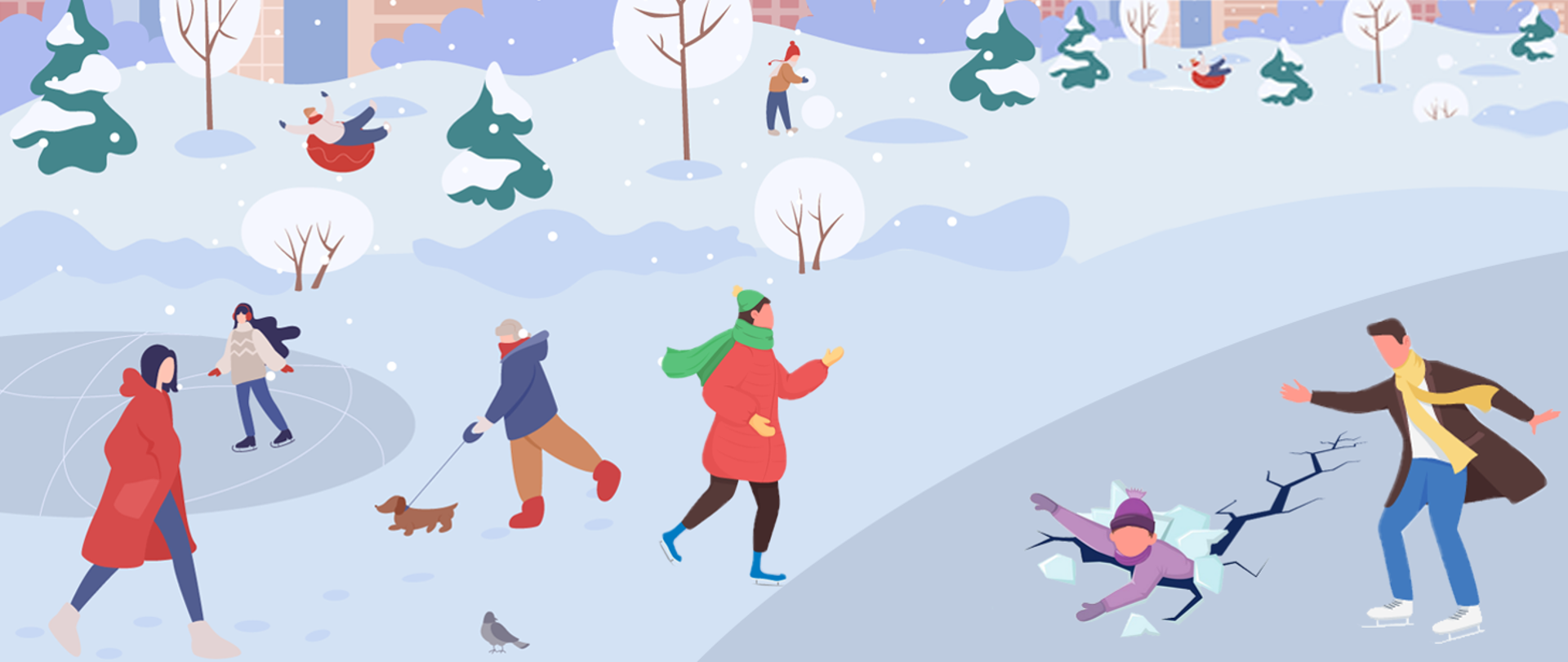 Obrazek rysunkowy z zimową scenerią oraz ludźmi na łyżwach