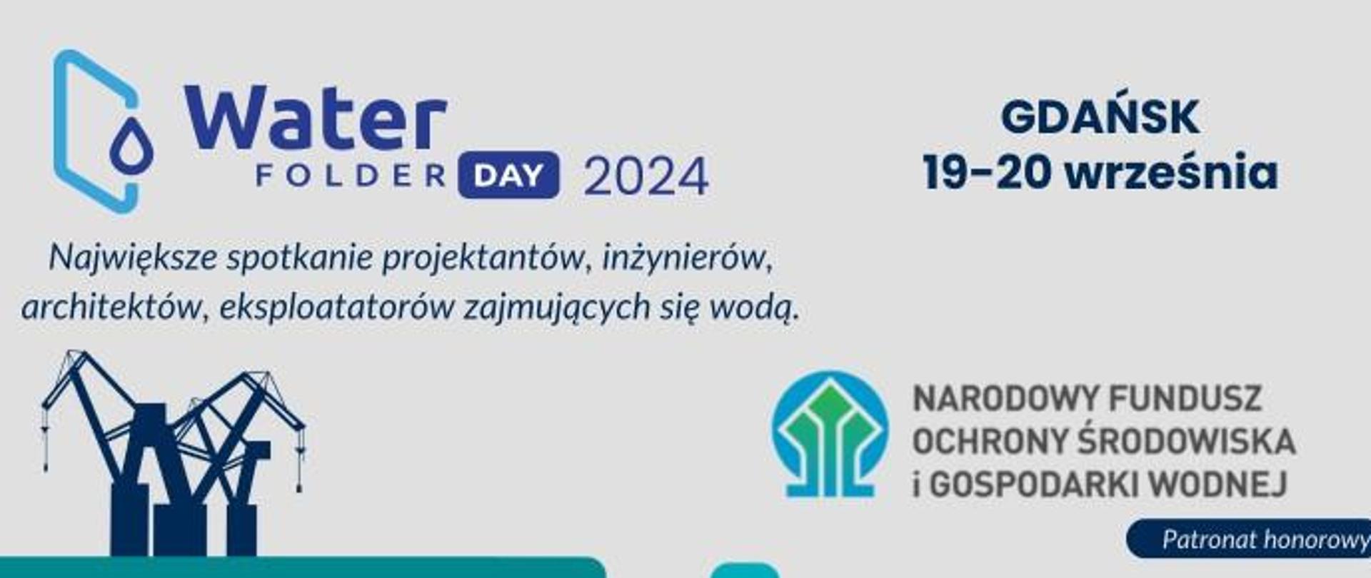 Plakat informacyjno-promocyjny oraz informacja o wydarzeniu, WaterFolder Day 2024, które odbędzie się w dniach 19-20 września 2024 w Warszawie