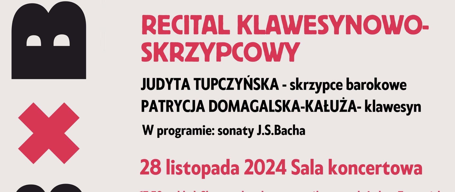 Plakat na beżowym tle, po lewej pionowy napis "3xBach!" Po środku zdjęcie popiersia Bacha, poniżej czerwony napis 'Recital Klawesynowo-Skrzypcowy" poniżej wykonawcy i daata
