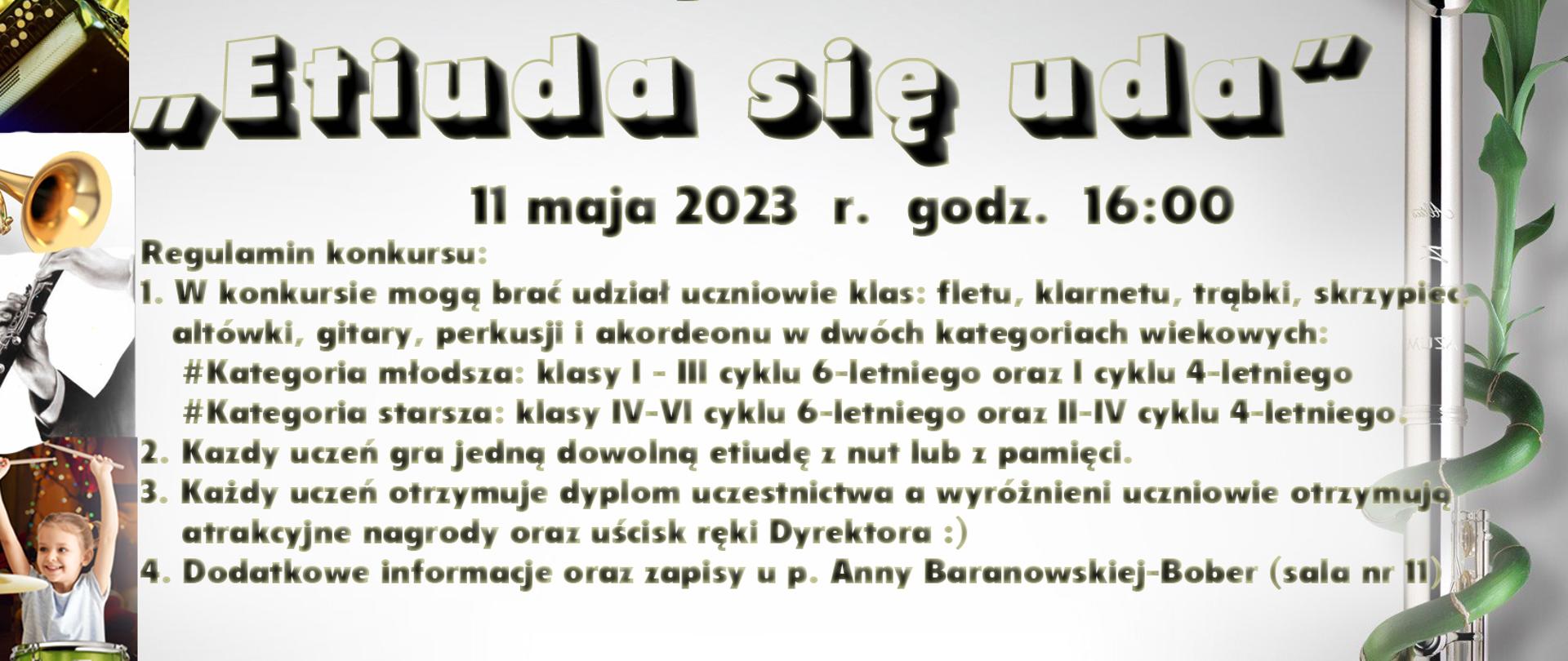 na plakacie widoczne są informacje o konkursie Etiuda się uda oraz instrumenty muzyczne