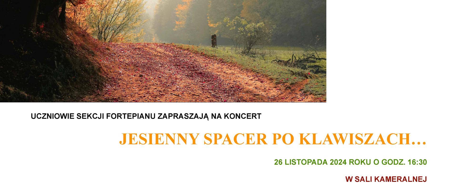 Grafika koncertu Jesienny spacer po klawiszach na tle zdjęcia jesiennego lasu Jesienny spacer po klawiszach