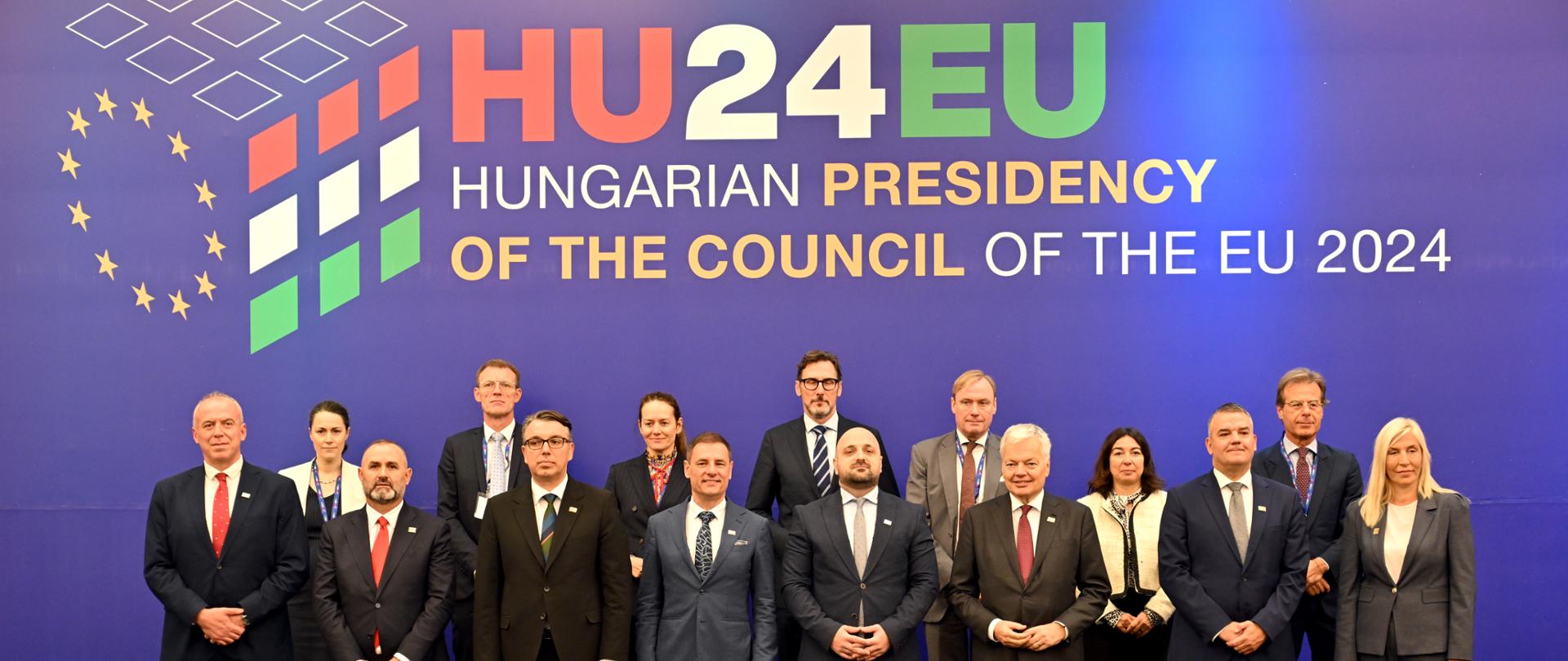 Participants pose for a "family photo" with European Commissioner for Justice, Didier Reynders (3rd R) after opening session of the EU-Western Balkans Ministerial Forum on Justice and Home Affairs, in Budva, Montenegro, on October 29, 2024.