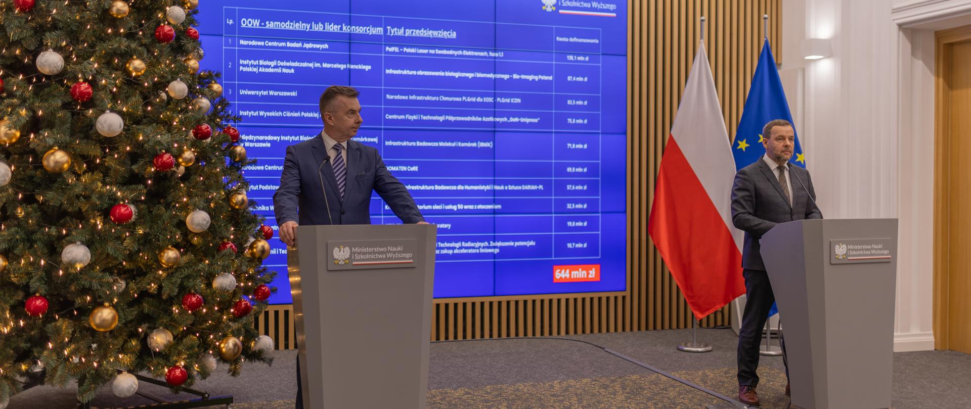 Pod ścianą z drewnianych pionowych listewek z wbudowanym wielkim niebieskim ekranem stoją dwie mównice, za nimi minister Wieczorek i mężczyzna w szarym garniturze, pod ścianą z lewej ozdobiona bombkami choinka, z prawej flagi Polski i UE.