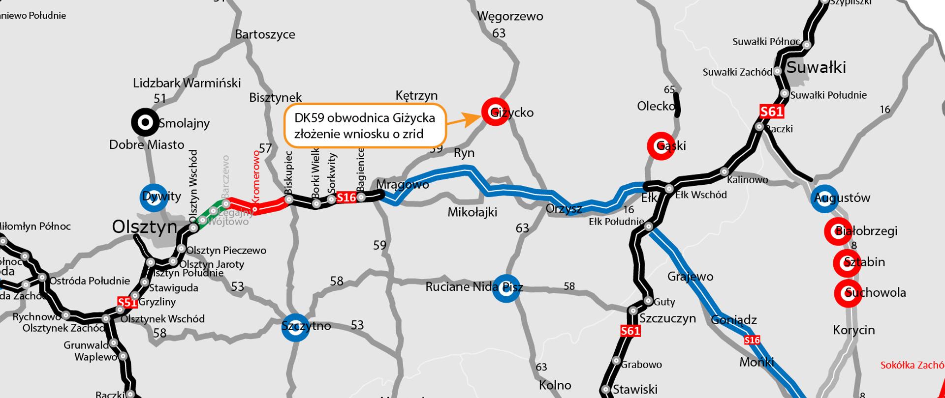 Mapa z siecią dróg krajowych w województwie warmińsko - mazurskim i zaznaczoną punktowo inwestycją obwodnicy Giżycka oraz informacją o złożeniu wniosku o ZRID