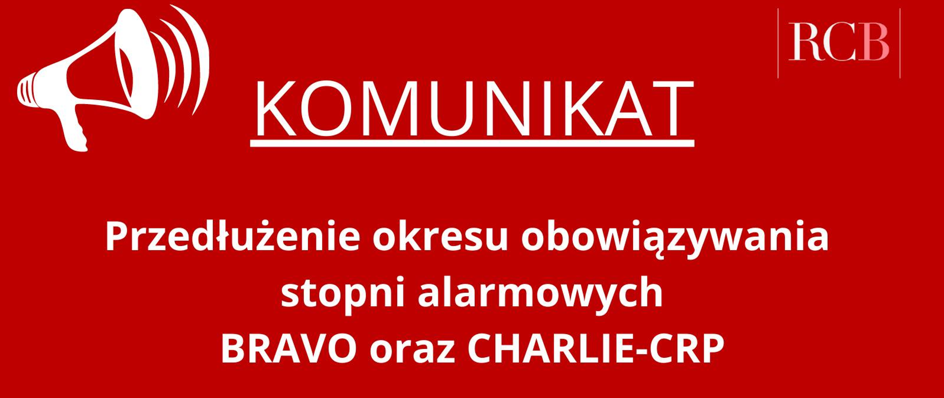 na czerwonym tle informacja tekstowa w kolorze białym, informująca o przedłużeniu okresu obowiązywania stopni alarmowych BRAVO i CHARLIE - CRP