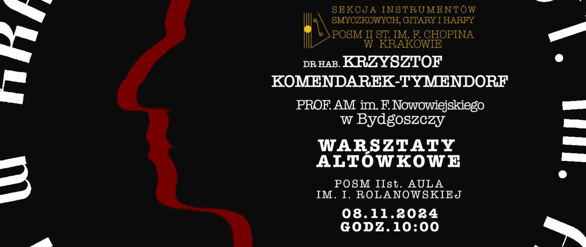 Baner, czarne tło, duży logotyp szkoły; tekst: dr hab. Krzysztof Komendarek-Tymendorf, warsztaty altówkowe, 08.11.2024, godz. 0:00