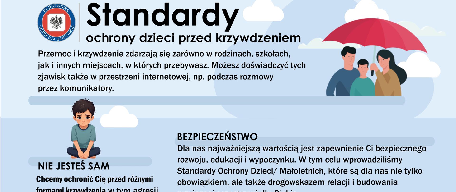 Plakat informacyjny o standardach ochrony małoletnich. Teksty o bezpieczeństwie, numery telefonów wsparcia. Grafika - czerwone parasole oraz postacie członków rodziny w formie komiksowej.