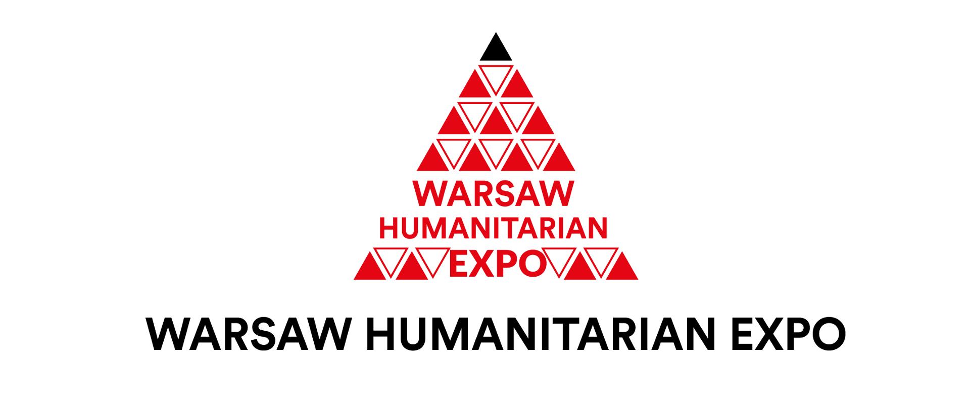  logo Warszawskich Targów Humanitarnych - trójkąty białe i czerwone ułożone w piramidę z podpisem Warsaw Humanitarian Expo