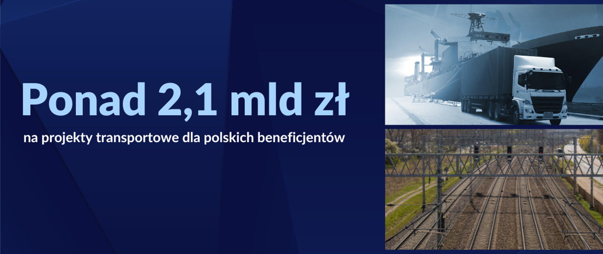 Grafika Ponad 2,1 mld zł na projekty transportowe dla polskich beneficjentów. Po prawej tory kolejowe, tir i statek.