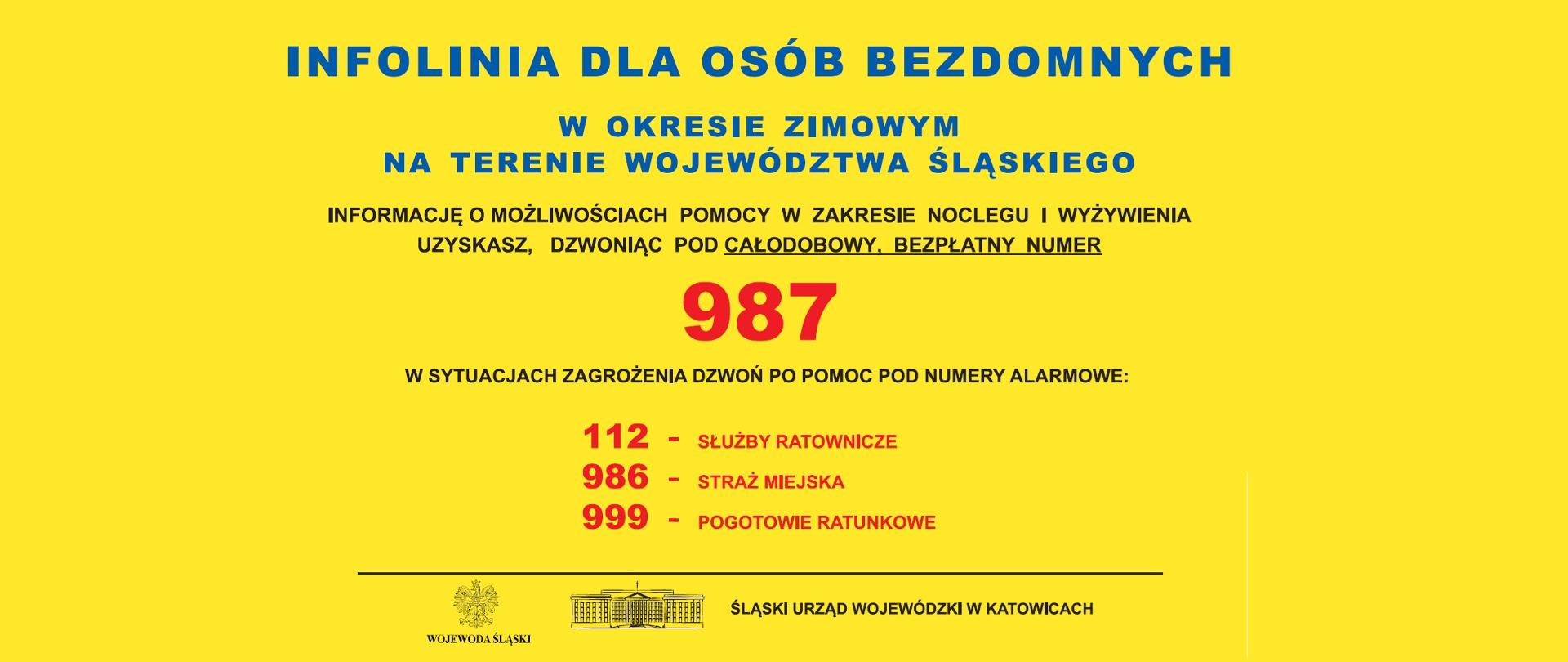 Zdjęcie przedstawia informacje dotyczące uruchomienia od 1 listopada br. całodobowej, o bezpłatnym trzy cyfrowym numerze, infolinii dla osób bezdomnych